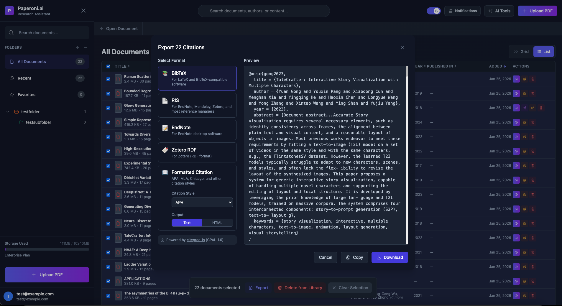 Citation export in multiple formats